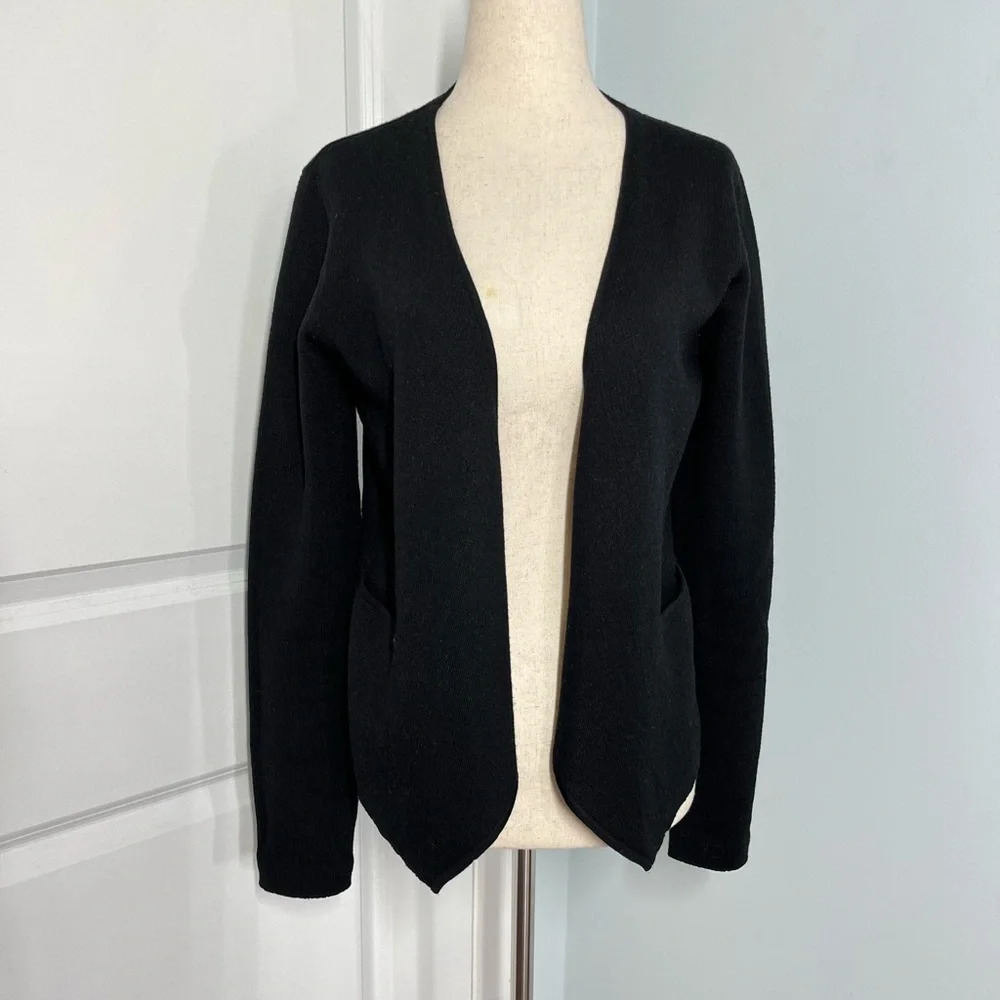 Margaret O’Leary black 100% merino wool open jacket sweater size M - Picture 6 of 12